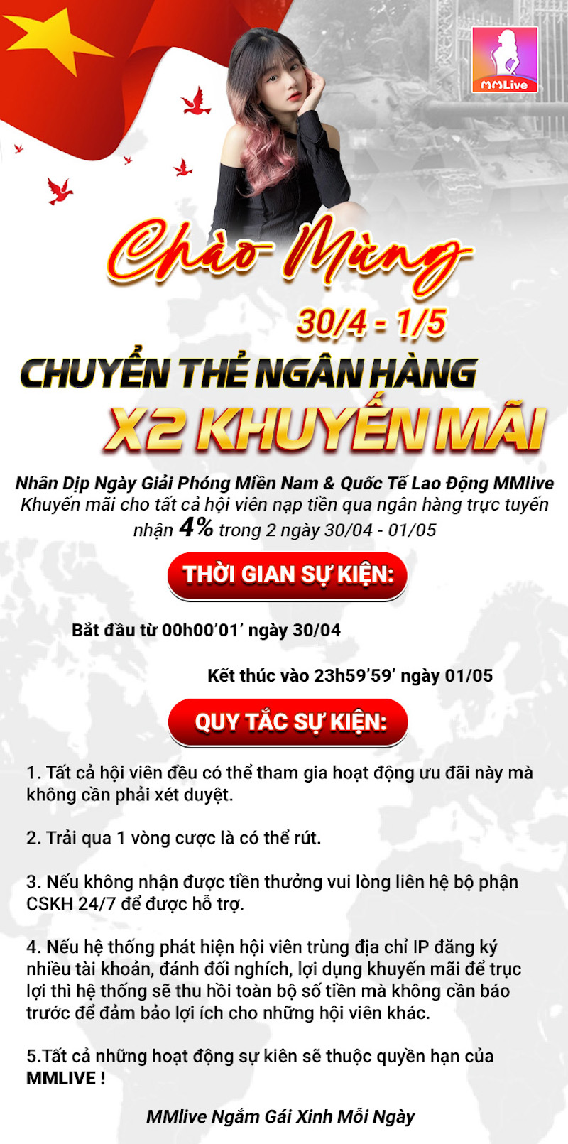 Nạp tiền ngay nhận hoàn trả x2 lần trong dịp lễ 30/4 và 1/5 tại MMlive 4 Thông tin chi tiết sự kiện