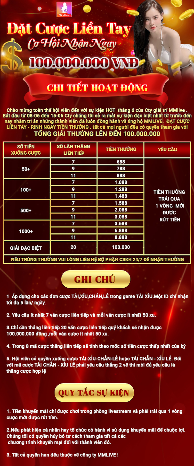 Đặt cược liền tay rinh ngay tiền thưởng giá trị siêu khủng 100 triệu đồng! 3 Bảng tiền thưởng cụ thể