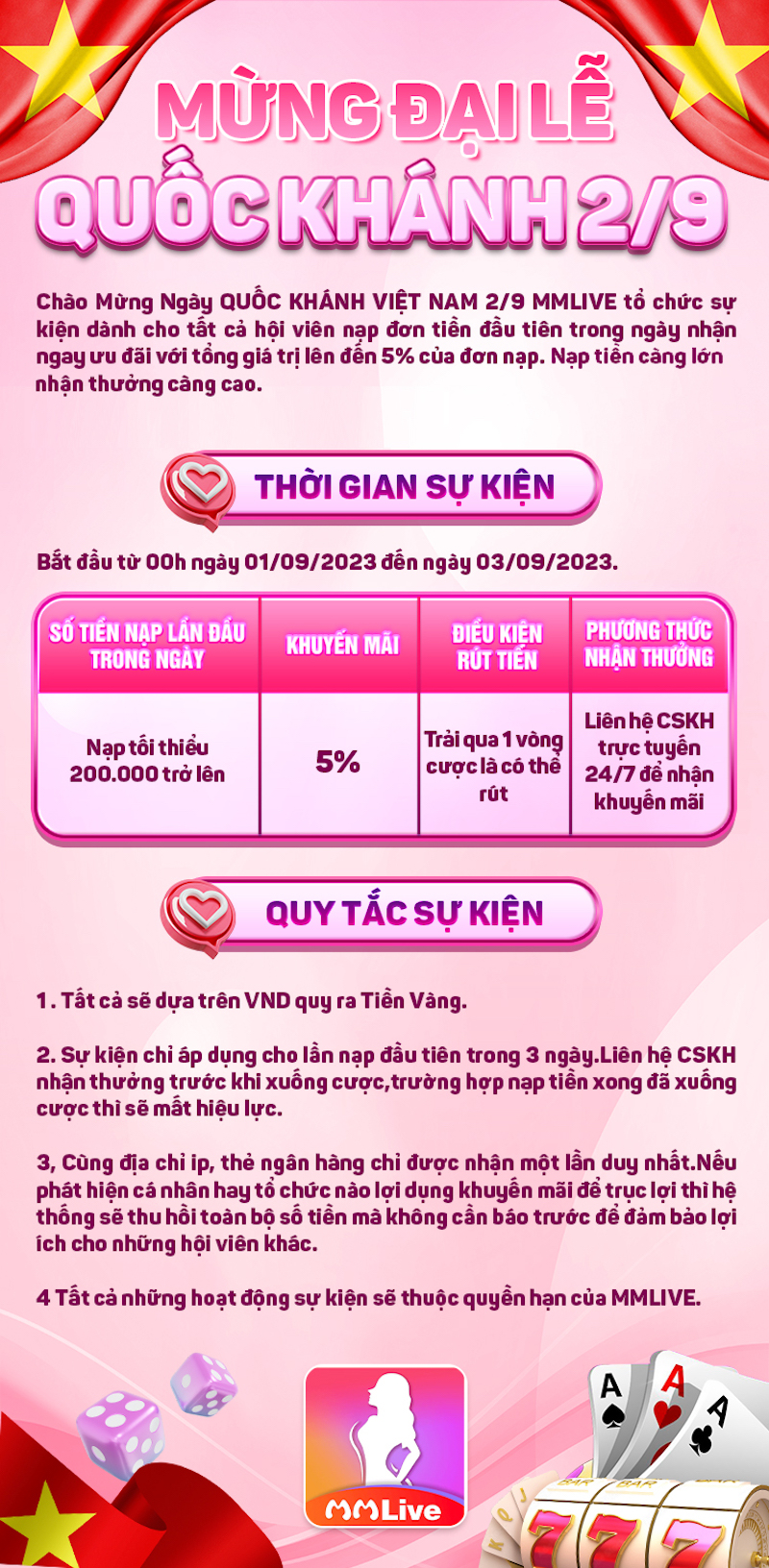 MMLive Chào Mừng Ngày Quốc Khánh Việt Nam 2/9 Ưu Đãi Lên Đến 5% - Nạp Tiền Càng Lớn Nhận Thưởng Càng Cao 3 Thông tin chi tiết